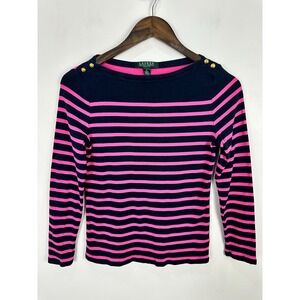 Lauren Ralph Lauren Striped Boat Neck Top Navy Pink Gold Crest Button Size PS